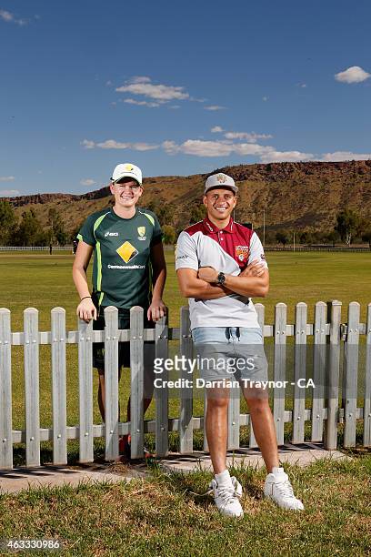 Southern Stars player Jess Jonassen and Queensland Bulls/Australia player Usman Khawaja pose fir a photo during the 20415 Imparja Cup on February 12,...