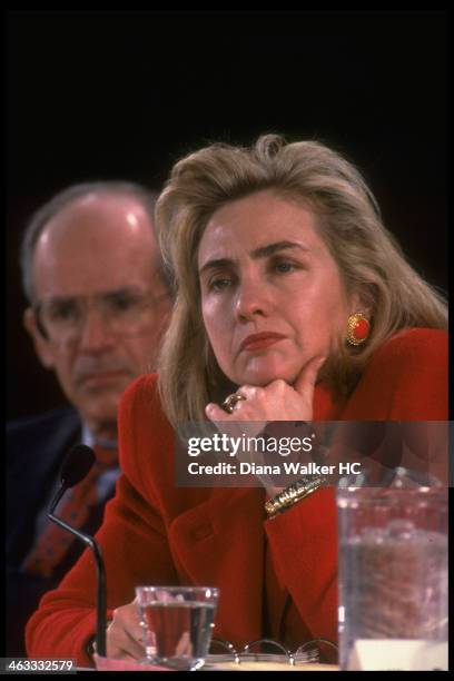 March 12, 1993: 1st Lady Hillary Rodham Clinton appearing at Conversation on Health heath care forum sponsored by Wood Johnson Foundation on March...