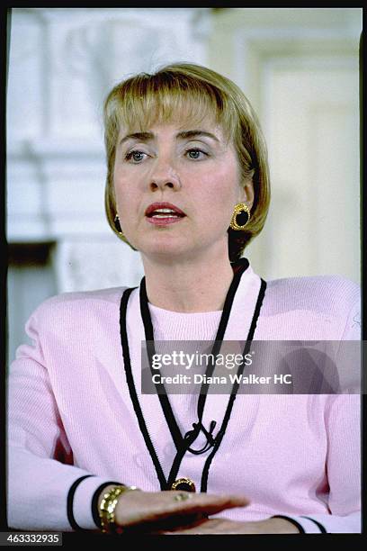 First Lady Hillary Clinton is photographed for Time & Life during Whitewater Land deal press conference on April 22, 1994 in Washington, DC.