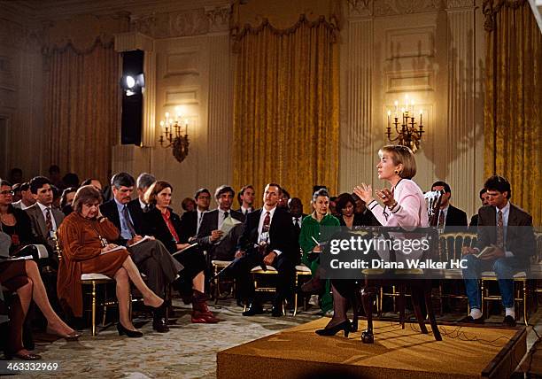 First Lady Hillary Rodham Clinton is seated in the State Dining Room at the White House, holding a highly unusual White House news conference to try...