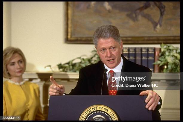 Pres. Bill & Hillary Rodham Clinton & VP Al Gore at White House childcare event during which Pres. Emphatically denied having affair with former...