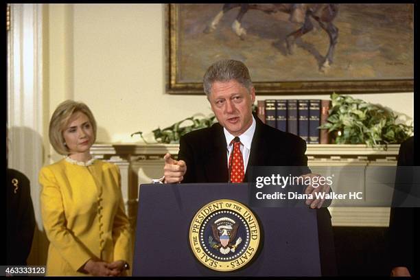 Pres. Bill & Hillary Rodham Clinton & VP Al Gore at White House childcare event during which Pres. Emphatically denied having affair with former...