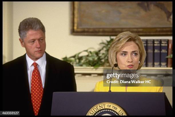 Pres. Bill & Hillary Rodham Clinton & VP Al Gore at White House childcare event during which Pres. Emphatically denied having affair with former...