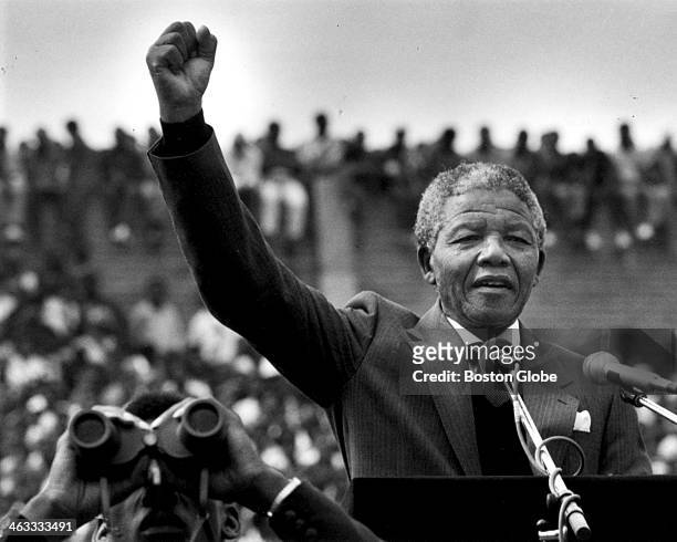 Nelson Mandela gestured to supporters in Soweto two days after his release from prison in Cape Town. He addressed more than 100,000 people inside a...