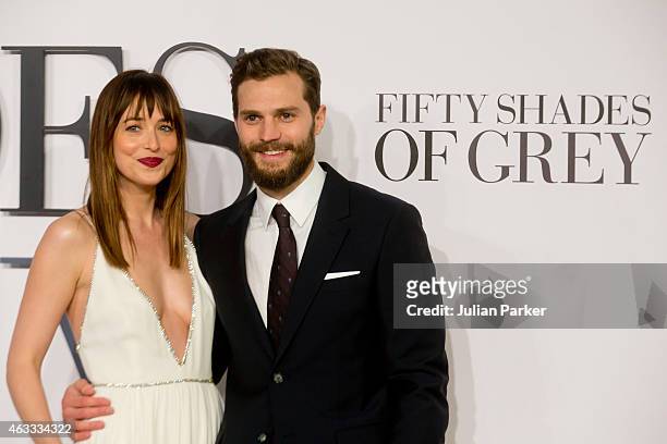 Dakota Johnson and Jamie Dornan attends the UK Premiere of "Fifty Shades Of Grey" at Odeon Leicester Square on February 12, 2015 in London, England.