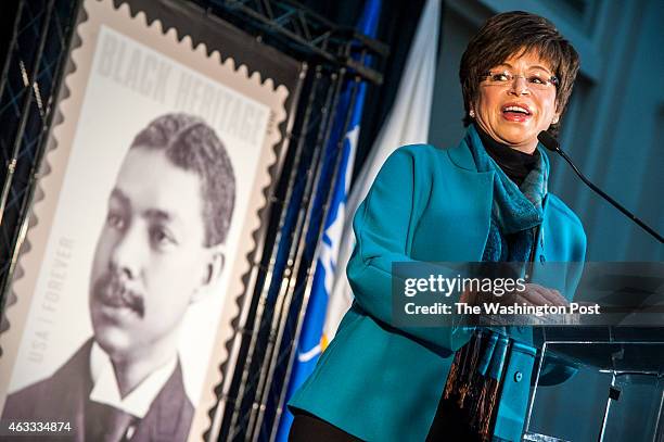 Valerie Jarrett, Advisor to the President, talks about her great-grand father, Robert Robinson Taylor, after she unveiled the postage stamp at the...