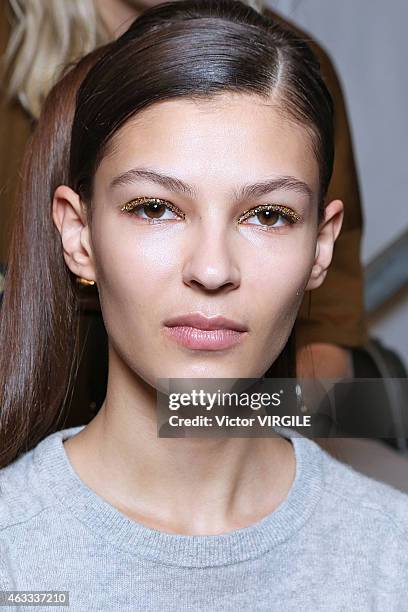 Model backstage at the Tadashi Shoji show during Mercedes-Benz Fashion Week Fall 2015 on February 12, 2015 in New York City.