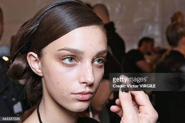 Model backstage at the Tadashi Shoji show during Mercedes-Benz Fashion Week Fall 2015 on February 12, 2015 in New York City.