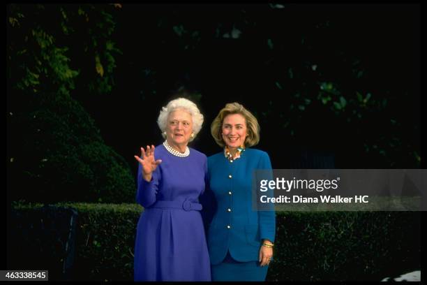 Hillary Rodham Clinton and First Lady Barbara Bush, are photographed on the grounds of the White House, with Mrs. Bush's dog, Millie for Time & Life...
