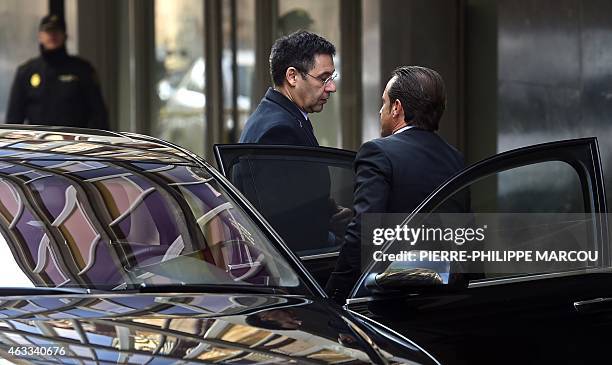 President of FC Barcelona Spanish football club Josep Maria Bartomeu arrives at the National High Court in Madrid on February 13, 2015. Barcelona's...