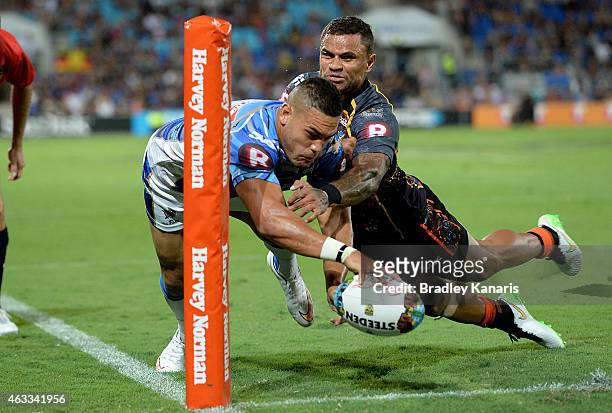 Antonio Winterstein of the NRL All Stars has this try disallowed during the NRL pre-season match between the Indigenous All Stars and the NRL All...