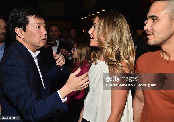 Actors Ken Jeong, Alexa Vega and singer Carlos Pena attend a Fan Screening of CBS Films' "The Duff" at the TCL Chinese 6 Theatres on February 12,...