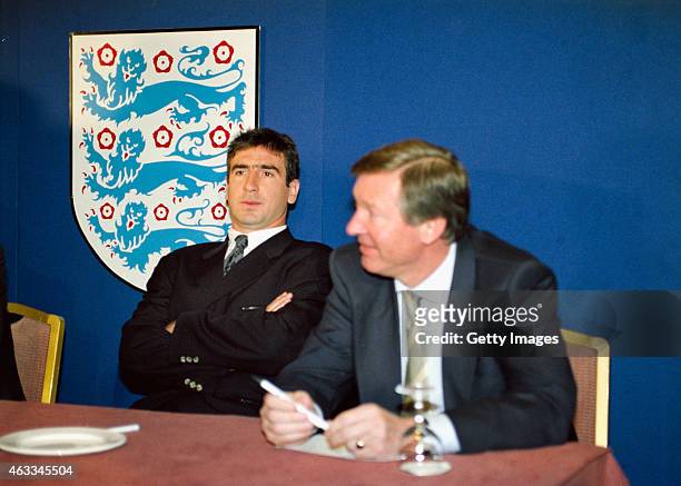 Manchester United player Eric Cantona and manager Alex Ferguson, pictured at an FA disciplinary hearing after Cantona was sent off for kicking...