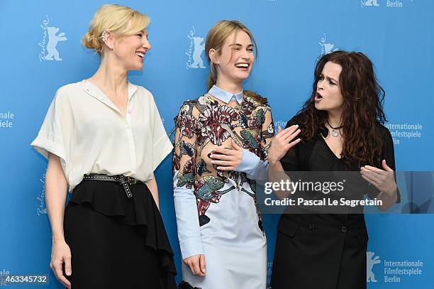 Cat Blanchett, Lily James and Helena Bonham Carter attend the 'Cinderella' photocall during the 65th Berlinale International Film Festival at Grand...