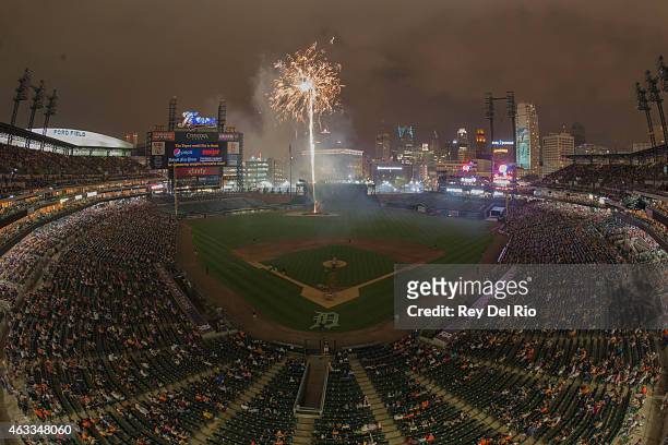 General view of Comerica Park during a fireworks display after the game between the Detroit Tigers and the Seattle Mariners on Saturday, August 16,...