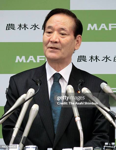 Agriculture Minister Koya Nishikawa speaks during a press conference at the Agriculture Ministry on February 13, 2015 in Tokyo, Japan. Reports say...