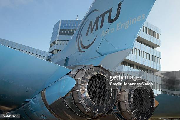 The MTU logo is seen on the tail of a Bundeswehr military aircraft during a visit of Bavarian Governor Horst Seehofer and Bundestag fraction leader...