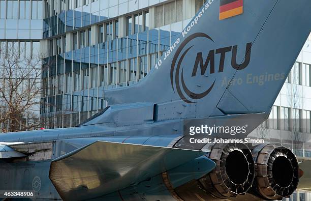 The MTU logo is seen on the tail of a Bundeswehr military aircraft during a visit of Bavarian Governor Horst Seehofer and Bundestag fraction leader...