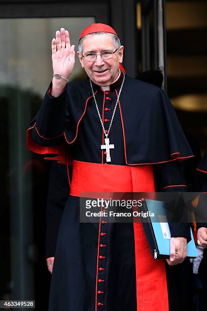 Former archbishop of Los Angeles cardinal Roger Mahony leaves the Synod Hall at the end of the Extraordinary Consistory for the creation of new...