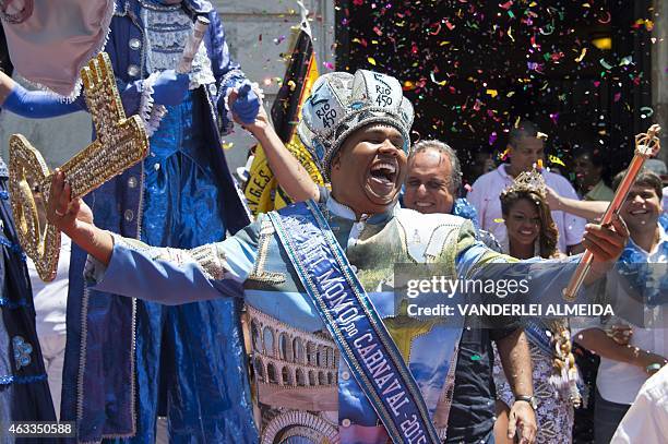 Carnival King Momo, Wilson Dias da Costa Neto upon receiving the keys to the city from from Rio's mayor Eduardo Paes during the official launching of...