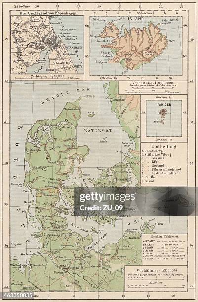 stockillustraties, clipart, cartoons en iconen met map of denmark and iceland, lithograph, published in 1881 - copenhagen