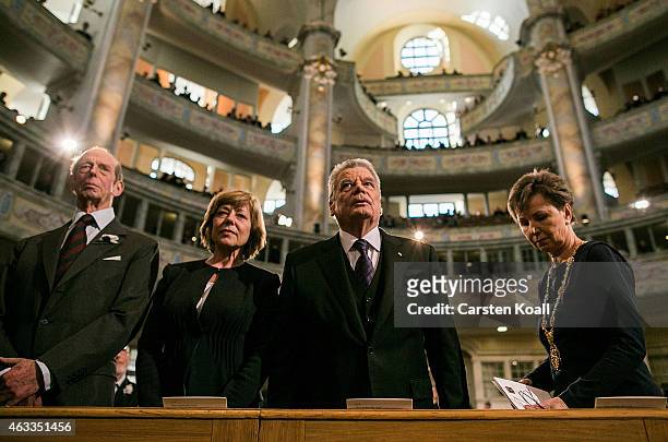 Prince Edward, Duke of Kent, Daniela Schadt, German President Joachim Gauck and Helma Orosz, Mayor of Dresden attend a ceremony in Frauenkirche...