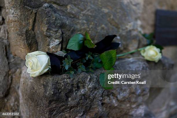 White rose lies on a original part of the Frauenkirche before the commemoration of the 70th anniversary of the Allied firebombing of Dresden on...