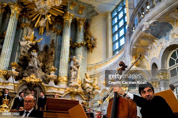 Musican prepares for a ceremony in Frauenkirche during the commemoration of the 70th anniversary of the Allied firebombing of Dresden on February 13,...
