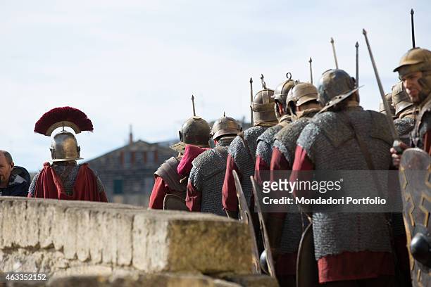 Extras in stage costume acting on the set of the film Ben Hur being shot in Matera on February 3,2015.