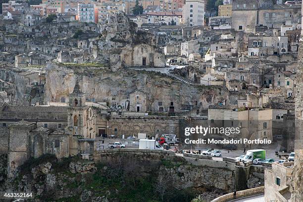 Workers placing a scaffolding on the set of the film Ben Hur being shot in Matera on January 23, 2015.