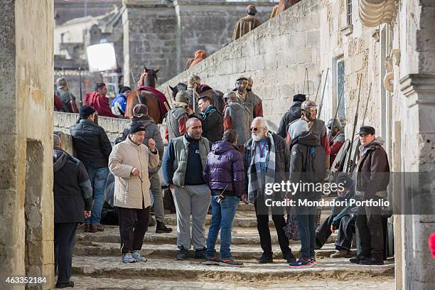 The crew waiting to restart on the set of the film Ben Hur being shot in Matera on February 3, 2015.