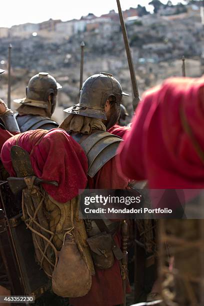 Extras in stage costume acting on the set of the film Ben Hur being shot in Matera on February 3,2015.