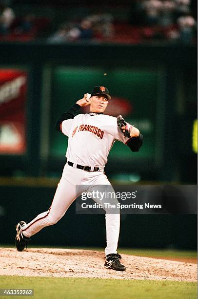 Julian Tavarez of the San Francisco Giants pitches against the St. Louis Cardinals at Busch Stadium on April 29, 1997 in St. Louis, Missouri.