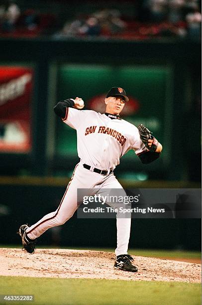 Julian Tavarez of the San Francisco Giants pitches against the St. Louis Cardinals at Busch Stadium on April 29, 1997 in St. Louis, Missouri.