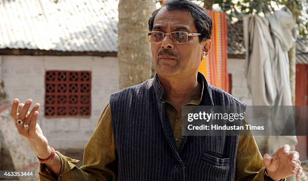 Leader Manjul Krishna Thakur talking to the media at Thakurbari of Thakurnagar during the by-elections on February 13, 2015 in Bongaon, India....