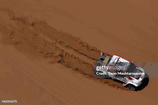 Giniel De Villiers of South Africa and Dirk Von Zitzewitz of Germany for Imperial Toyota compete in stage 12 on the way to La Serena during Day 13 of...