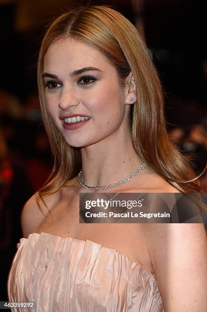 Lily James attends the 'Cinderella' premiere during the 65th Berlinale International Film Festival at Berlinale Palace on February 13, 2015 in...