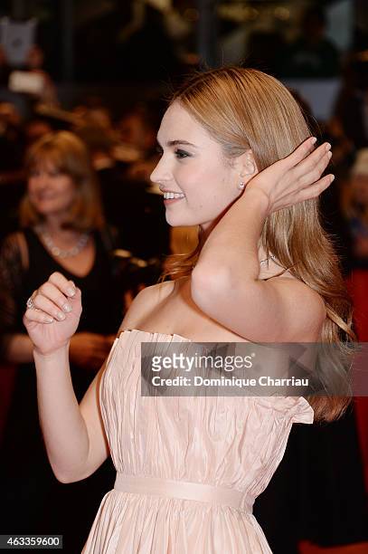 Lily James attends the 'Cinderella' premiere during the 65th Berlinale International Film Festival at Berlinale Palace on February 13, 2015 in...