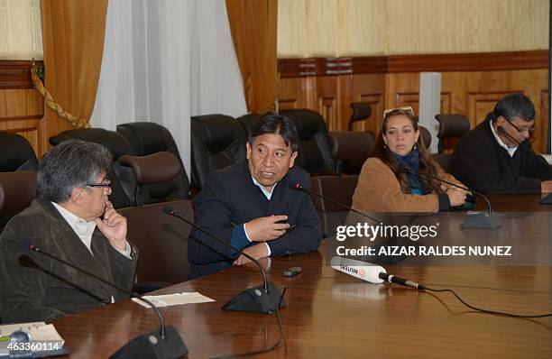 Bolivia's Foreign Minister David Choquehuanca speaks during a press conference for foreign media in La Paz on February 13, 2015 referring to the of...