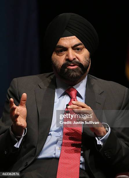 Mastercard CEO Ajay Banga speaks during the White House Summit on Cybersecurity and Consumer Protection on February 13, 2015 in Stanford, California....