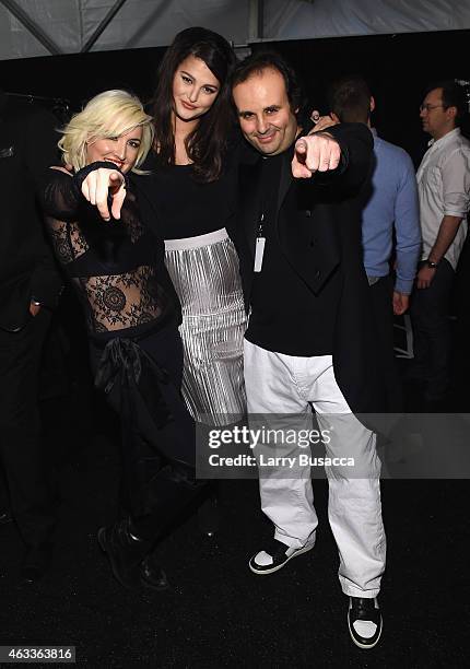 From left, Designer Estel Day, Singer Lily Lane, and designer Mark Tango pose backstage at the Mark And Estel fashion show during Mercedes-Benz...