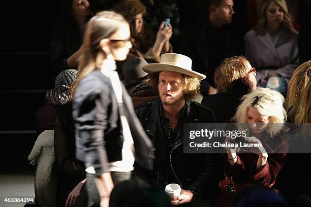 Designer Ben Schulman and model Cory Kennedy attends the Mongol fashion show during Mercedes-Benz Fashion Week Fall 2015 at The Theatre at Lincoln...