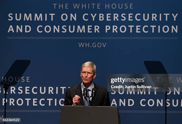 Apple CEO Tim Cook speaks during the White House Summit on Cybersecurity and Consumer Protection on February 13, 2015 in Stanford, California. U.S....
