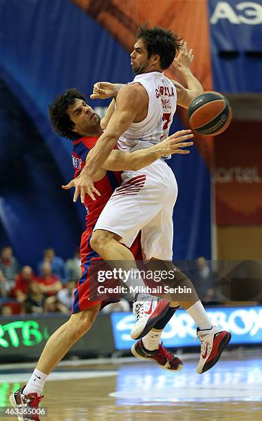 Milos Teodosic, #4 of CSKA Moscow competes with Bruno Cerella, #7 of EA7 Emporio Armani Milan in action during the Turkish Airlines Euroleague...