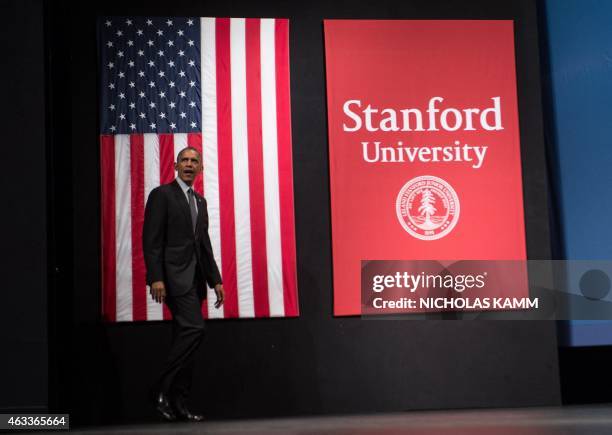 President Barack Obama arrives to speak at the White House Summit on Cybersecurity and Consumer Protection at Stanford University in Palo Alto on...