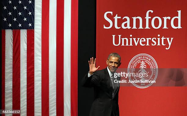 President Barack Obama waves as he arrives at the White House Summit on Cybersecurity and Consumer Protection on February 13, 2015 in Stanford,...