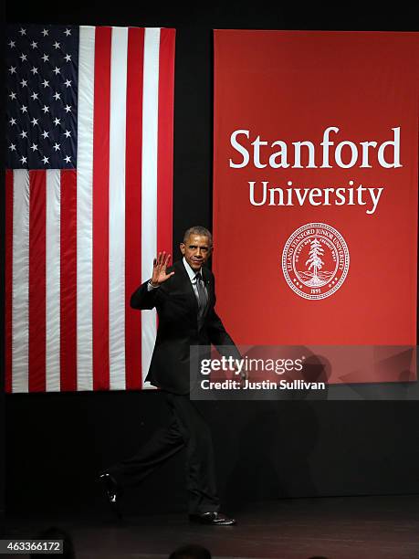 President Barack Obama waves as he arrives at the White House Summit on Cybersecurity and Consumer Protection on February 13, 2015 in Stanford,...