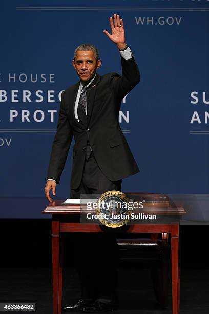President Barack Obama waves after speaking during the White House Summit on Cybersecurity and Consumer Protection on February 13, 2015 in Stanford,...
