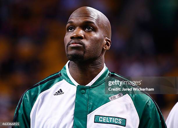 Newly acquired Joel Anthony of the Boston Celtics warms up prior to the game against the Los Angeles Lakers at TD Garden on January 17, 2014 in...