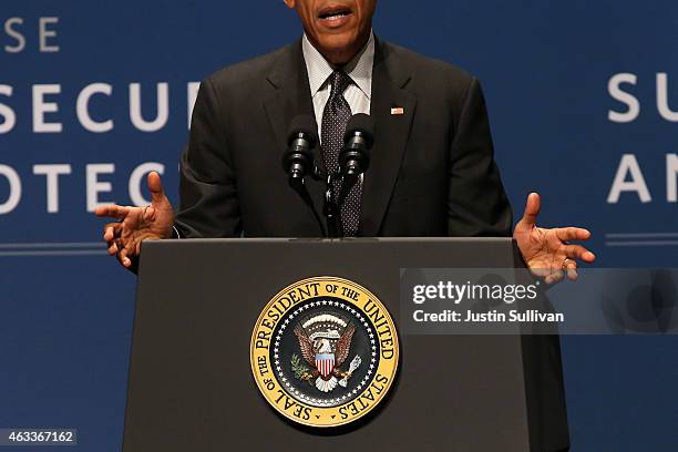 President Barack Obama speaks during the White House Summit on Cybersecurity and Consumer Protection on February 13, 2015 in Stanford, California....